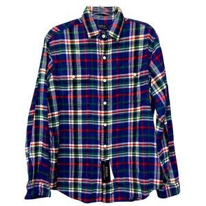 Polo Ralph Lauren Mens Large Blue Plaid Flannel‎ Long Sleeve Shirt Large